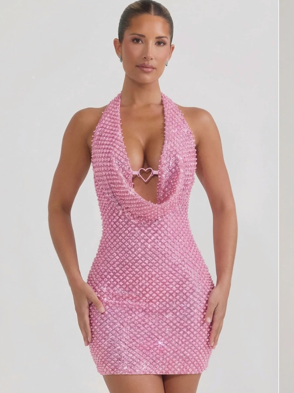 Embellished Heart-Detail Cowl-Neck Mini Dress in Pink